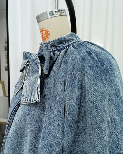 Denim Bow Tie Puff Sleeve Blouse