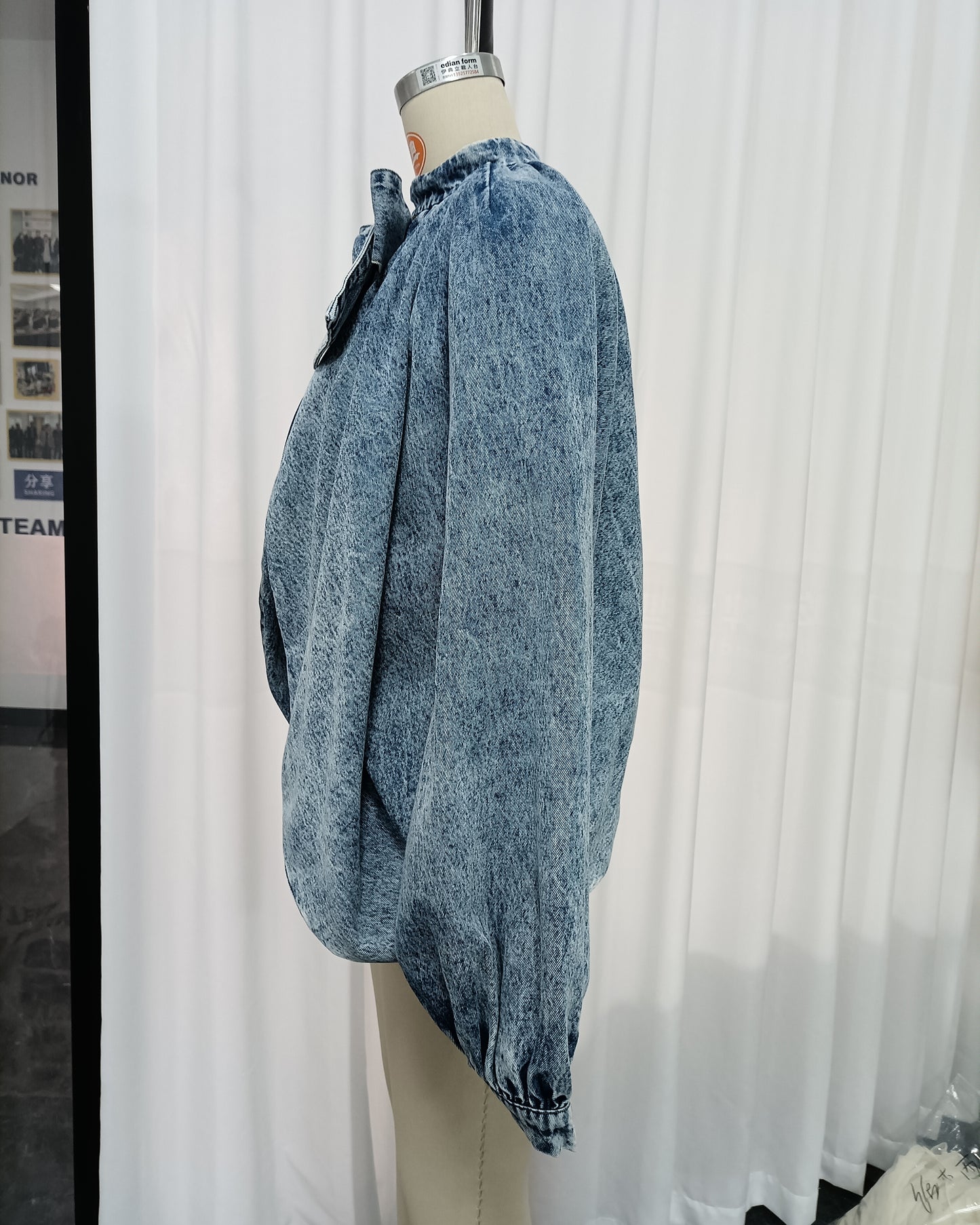 Denim Bow Tie Puff Sleeve Blouse