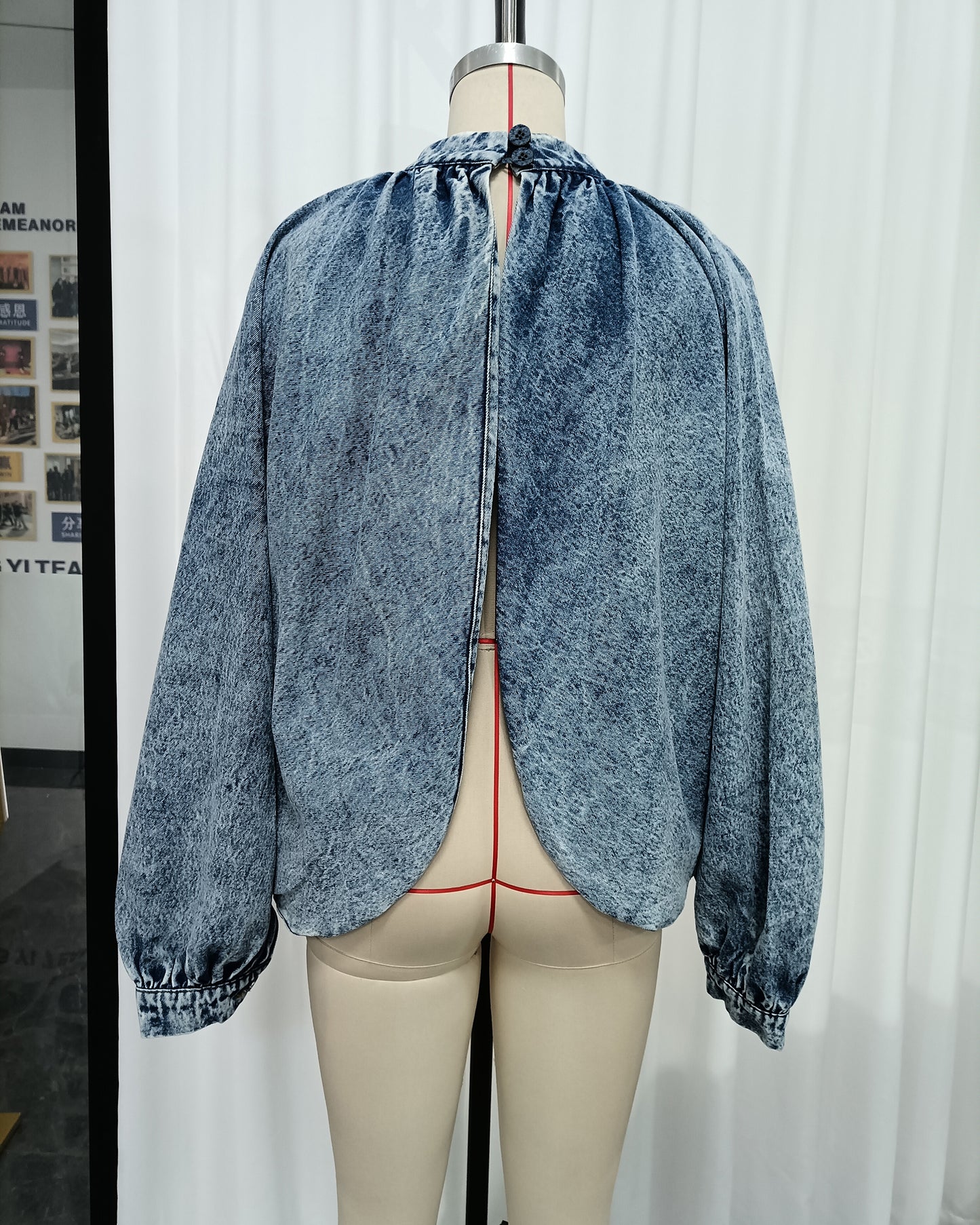 Denim Bow Tie Puff Sleeve Blouse