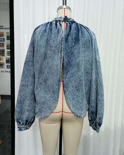 Denim Bow Tie Puff Sleeve Blouse