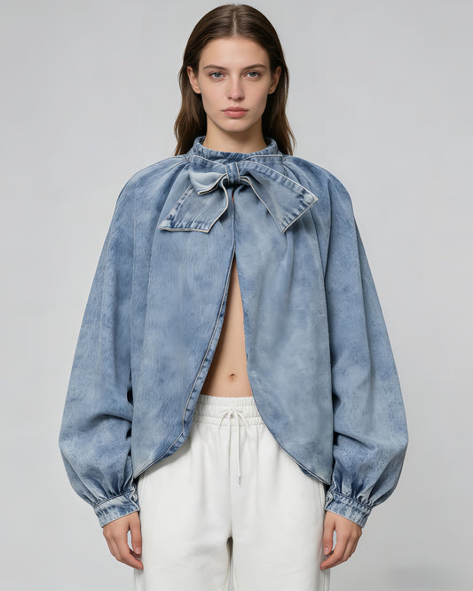 Denim Bow Tie Puff Sleeve Blouse