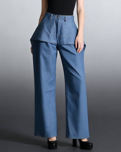 Denim Layered High-Waisted Straight Pants