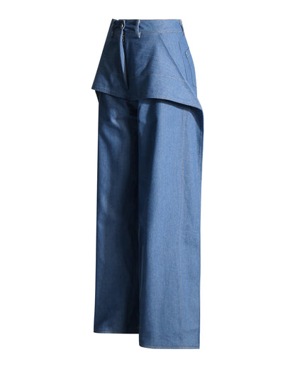 Denim Layered High-Waisted Straight Pants