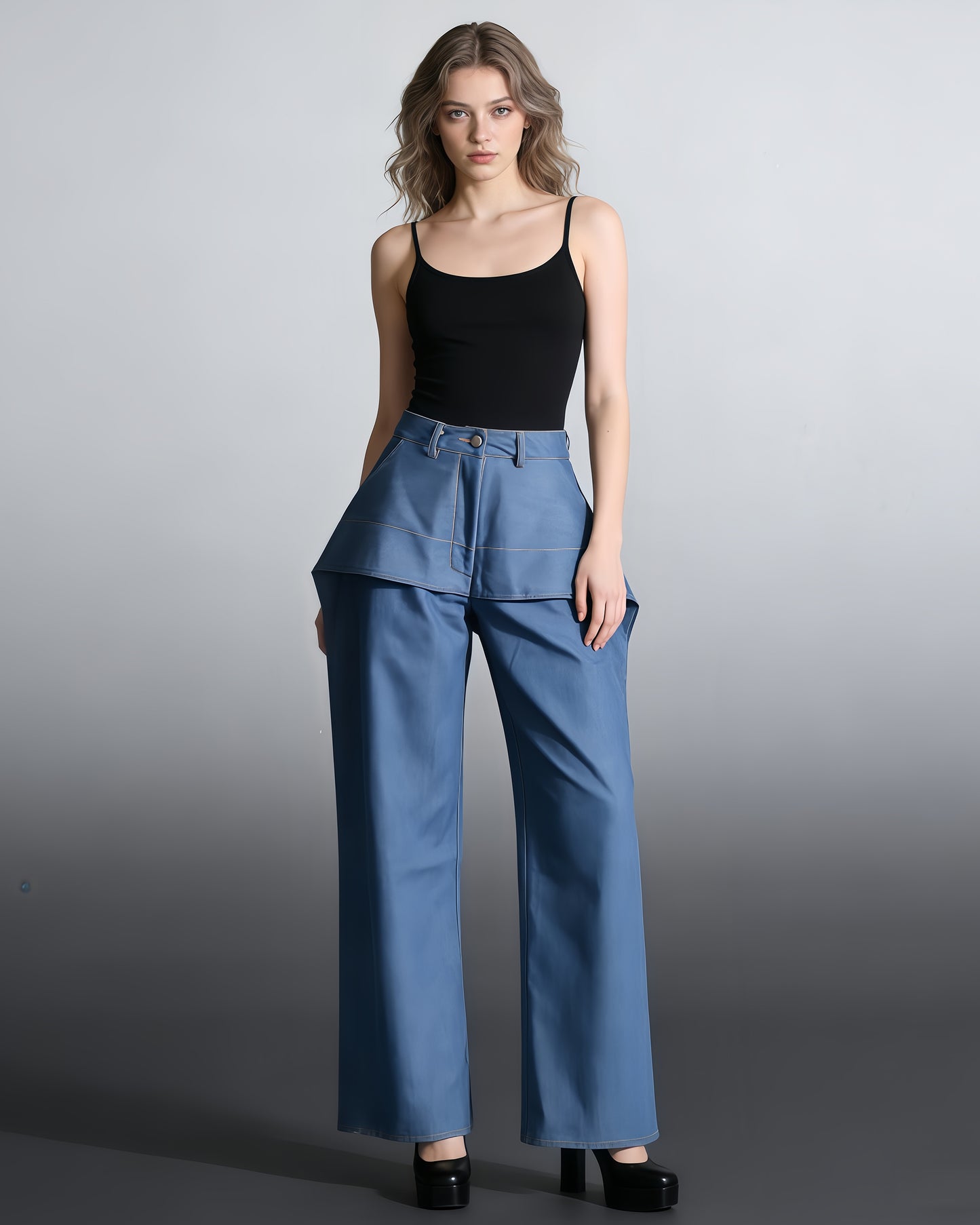 Denim Layered High-Waisted Straight Pants