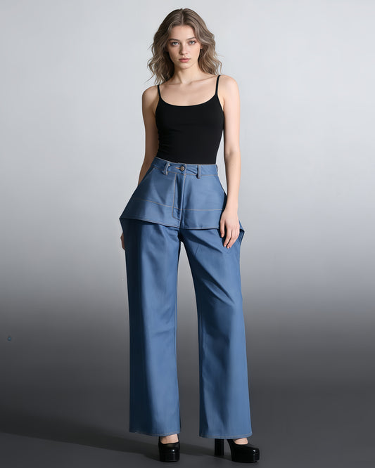 Denim Layered High-Waisted Straight Pants