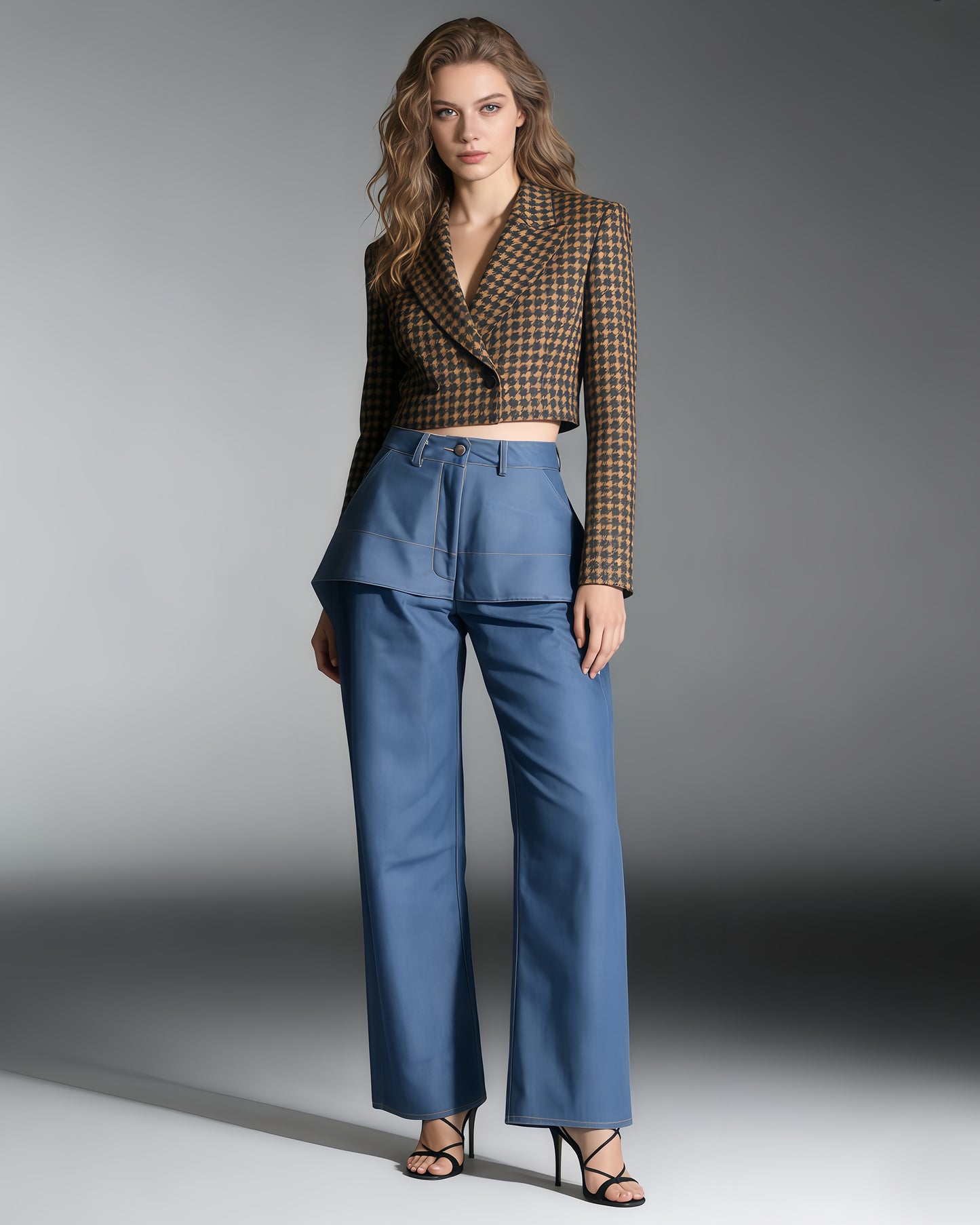 Denim Layered High-Waisted Straight Pants