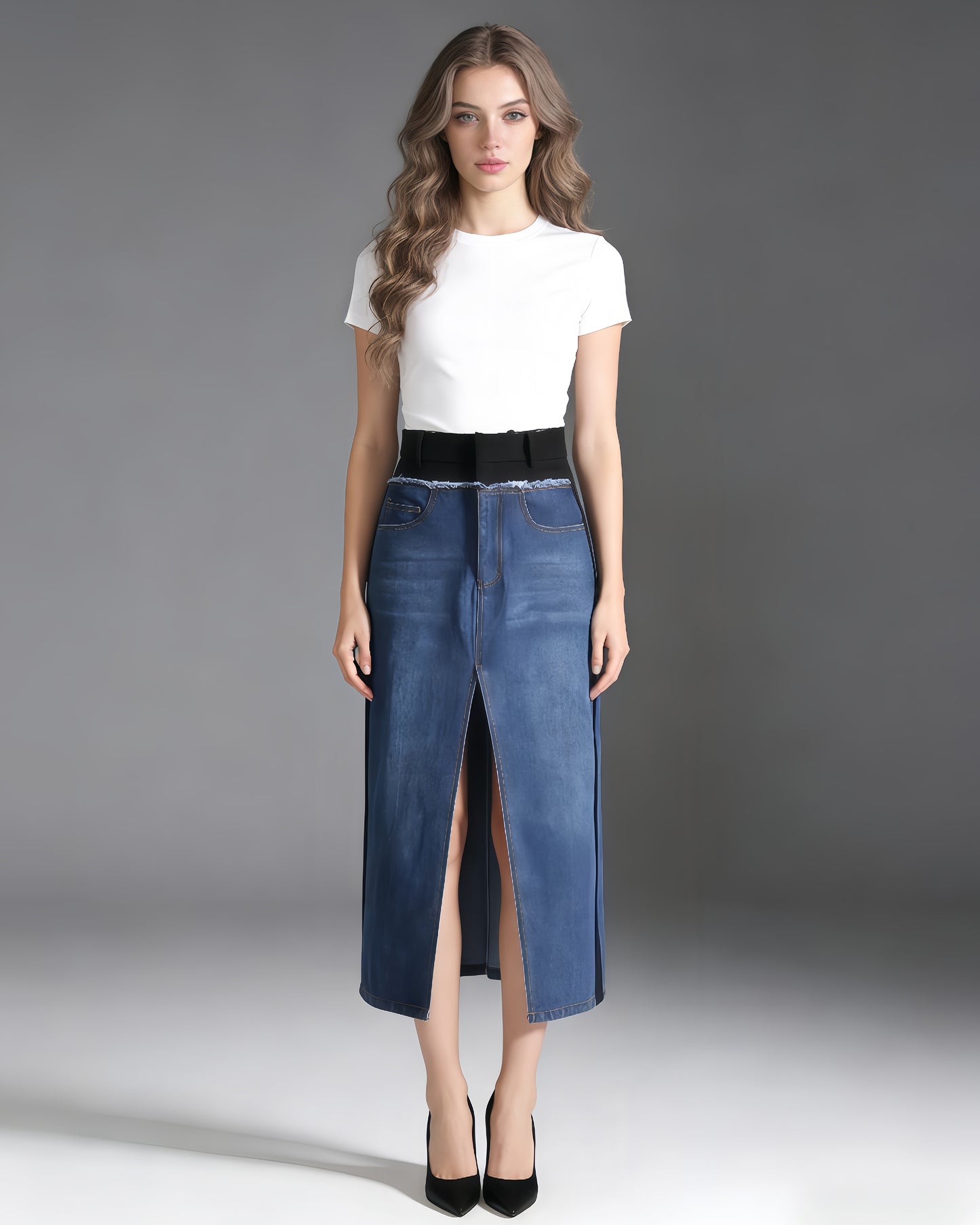Denim Midi Skirt with High Elastic Waist
