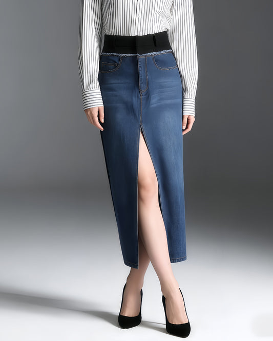 Denim Midi Skirt with High Elastic Waist