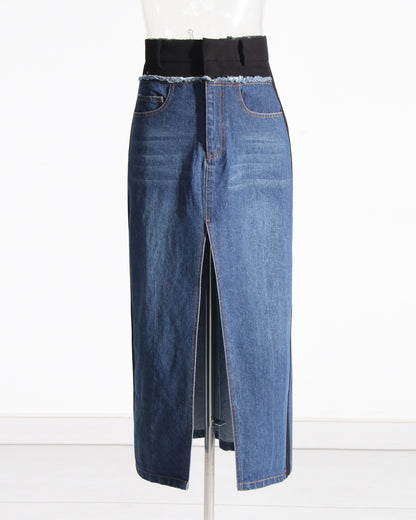 Denim Midi Skirt with High Elastic Waist