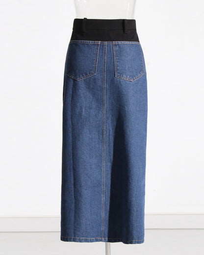 Denim Midi Skirt with High Elastic Waist