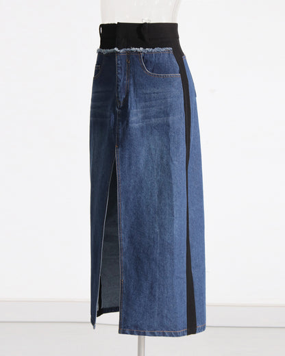 Denim Midi Skirt with High Elastic Waist