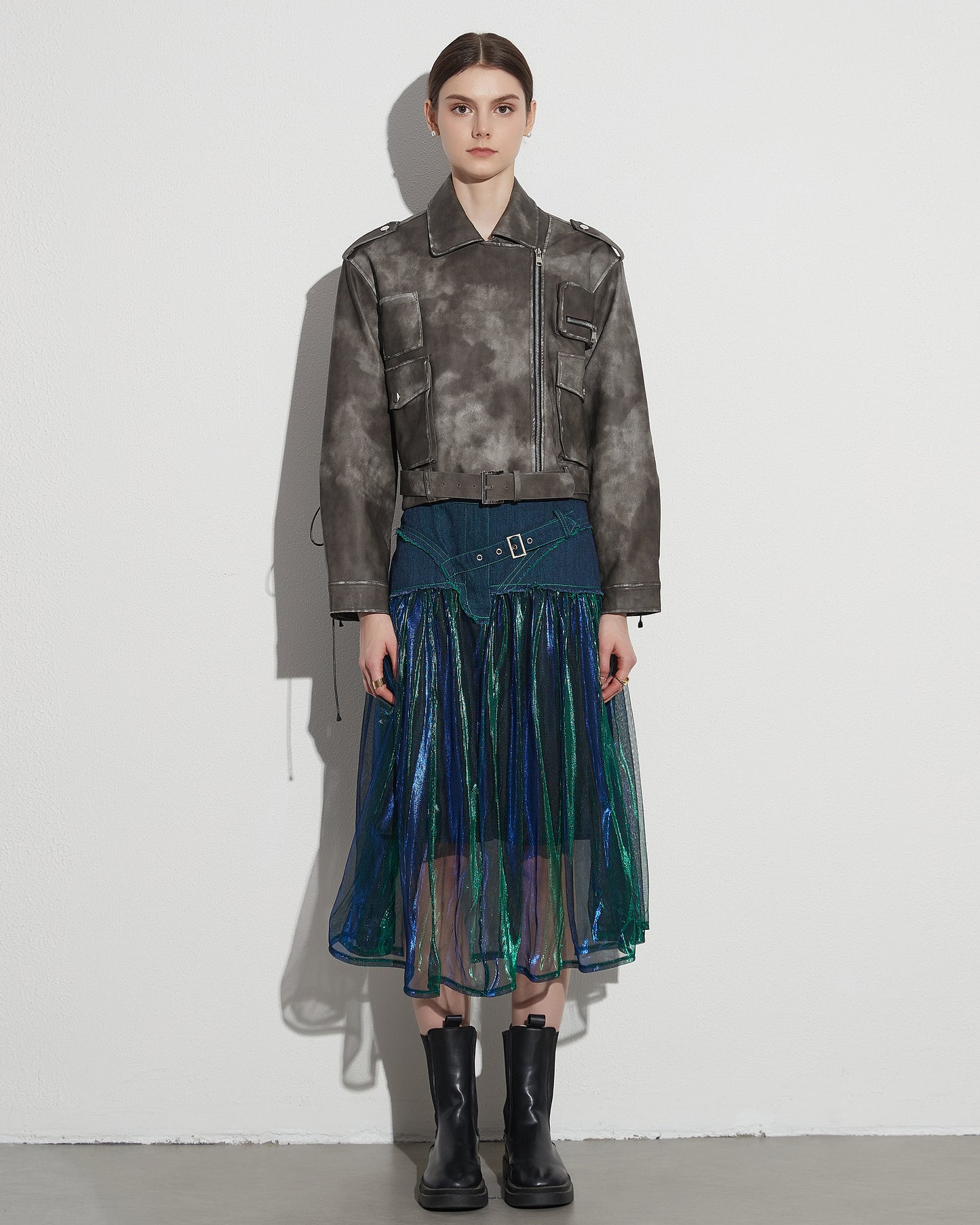 Denim & Iridescent Tulle Midi Skirt