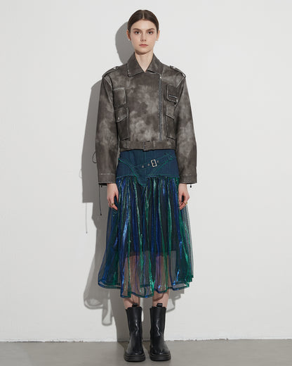 Denim & Iridescent Tulle Midi Skirt