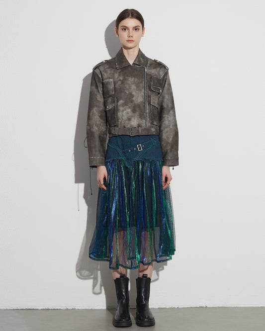 Denim & Iridescent Tulle Midi Skirt