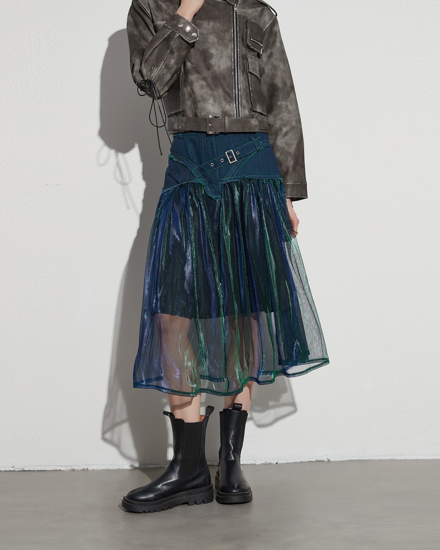 Denim & Iridescent Tulle Midi Skirt