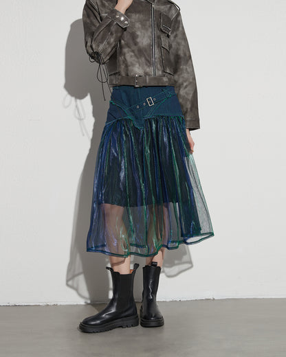 Denim & Iridescent Tulle Midi Skirt