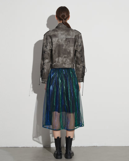 Denim & Iridescent Tulle Midi Skirt