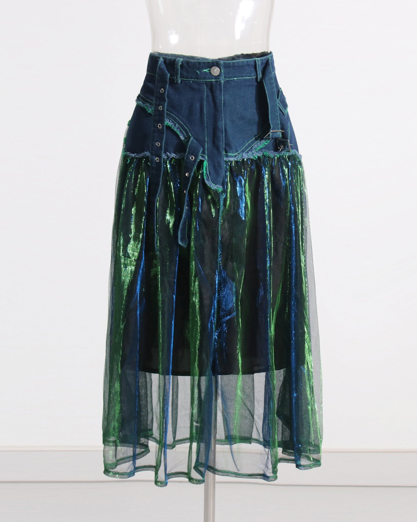 Denim & Iridescent Tulle Midi Skirt