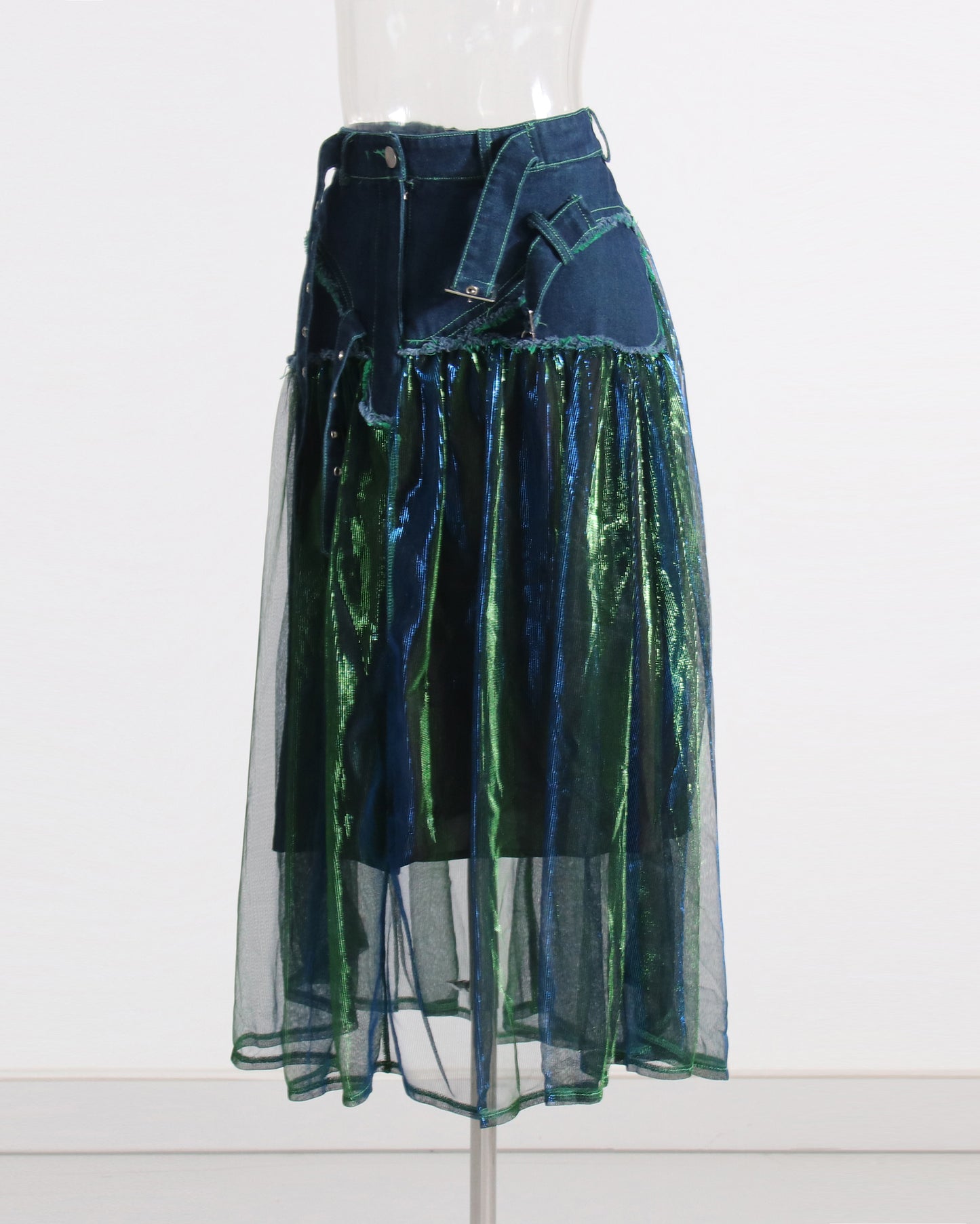 Denim & Iridescent Tulle Midi Skirt