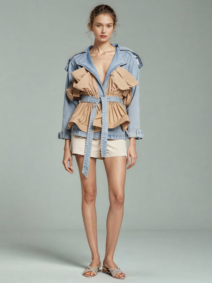 Denim & Khaki Ruffled Belted Jacket