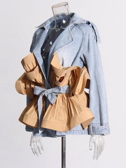 Denim & Khaki Ruffled Belted Jacket