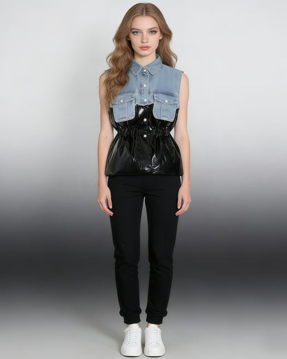 Denim & Shiny Black Two-Tone Drawstring Jacket