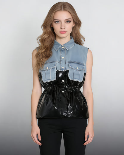 Denim & Shiny Black Two-Tone Drawstring Jacket