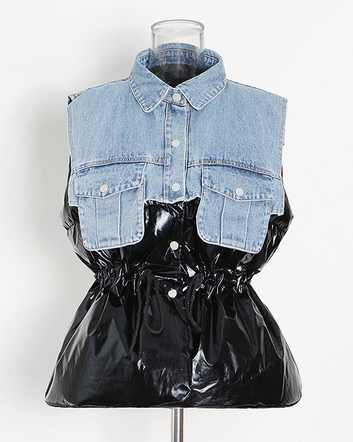 Denim & Shiny Black Two-Tone Drawstring Jacket