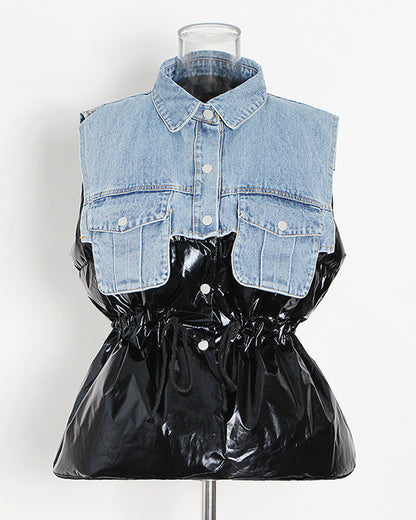Denim & Shiny Black Two-Tone Drawstring Jacket