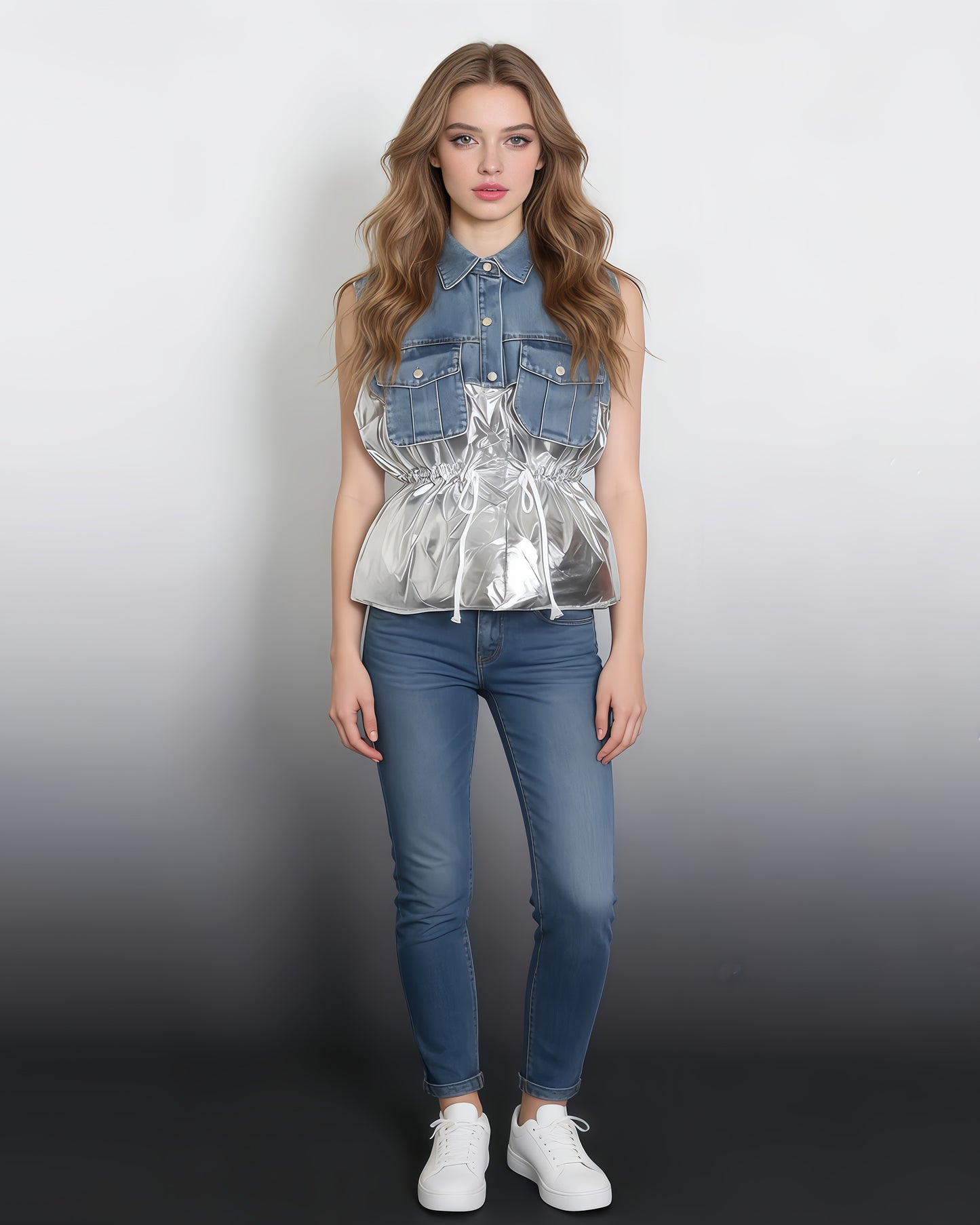 Denim & Shiny Silver Two-Tone Drawstring Jacket
