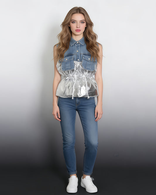 Denim & Shiny Silver Two-Tone Drawstring Jacket