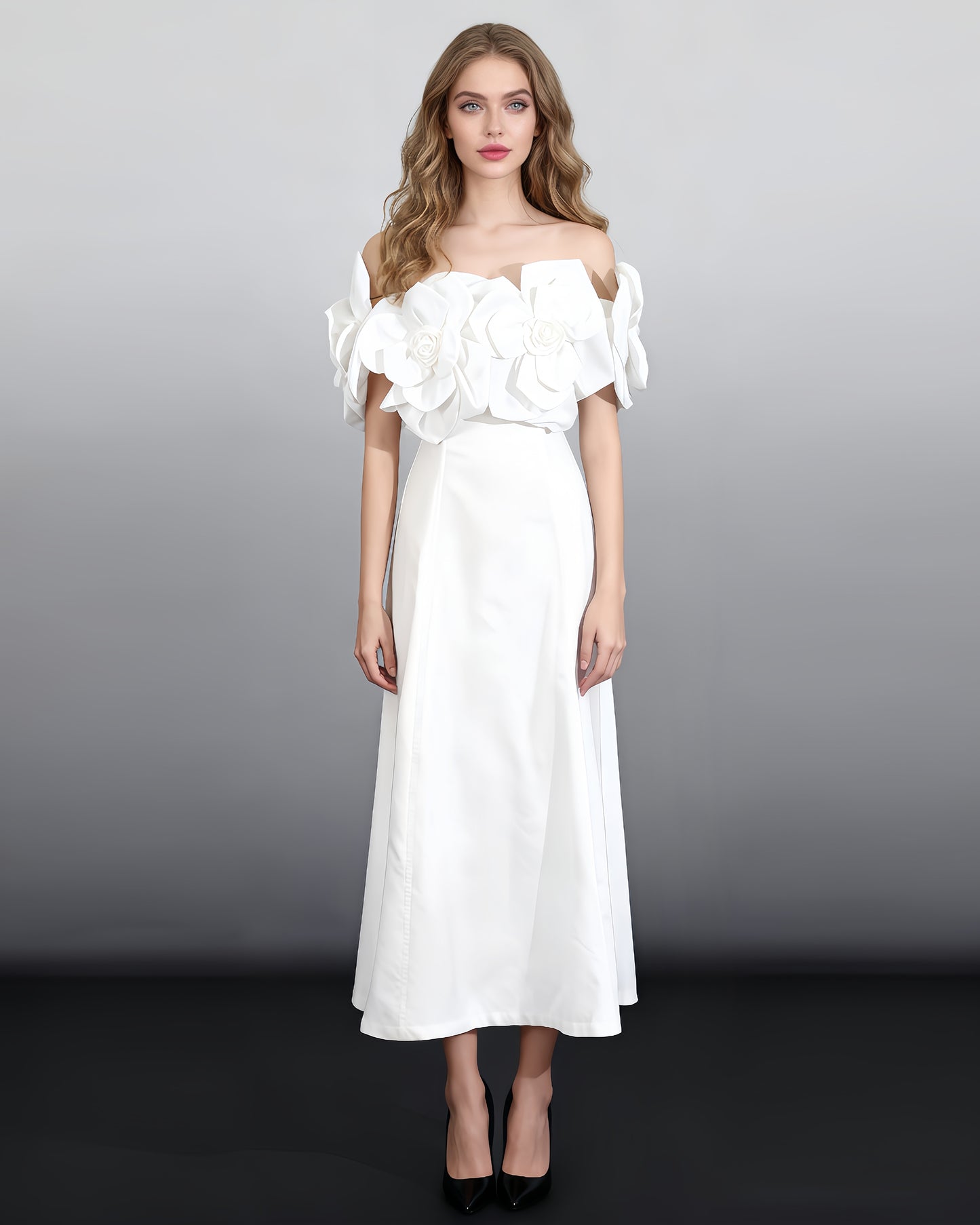 Elegant White Off - Shoulder Floral Applique Maxi Dress