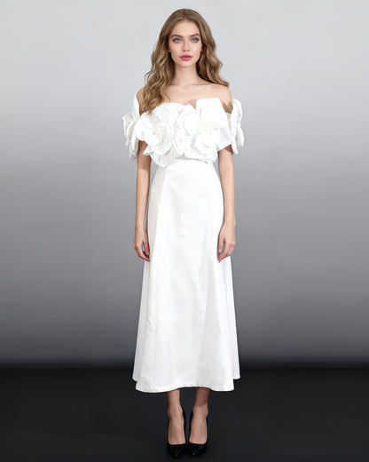 Elegant White Off - Shoulder Floral Applique Maxi Dress