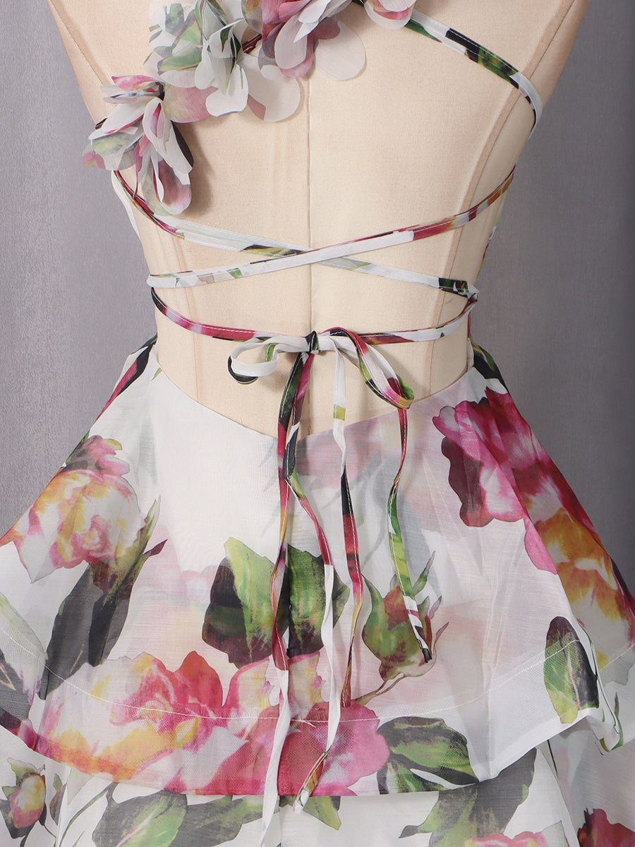 Floral Print 3D Flower Ruffle Mini Dress