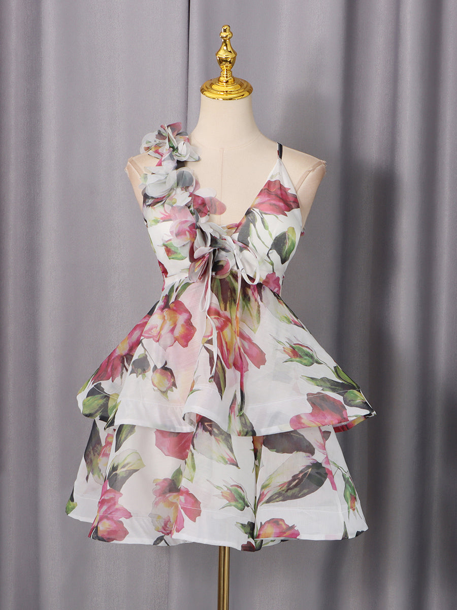 Floral Print 3D Flower Ruffle Mini Dress