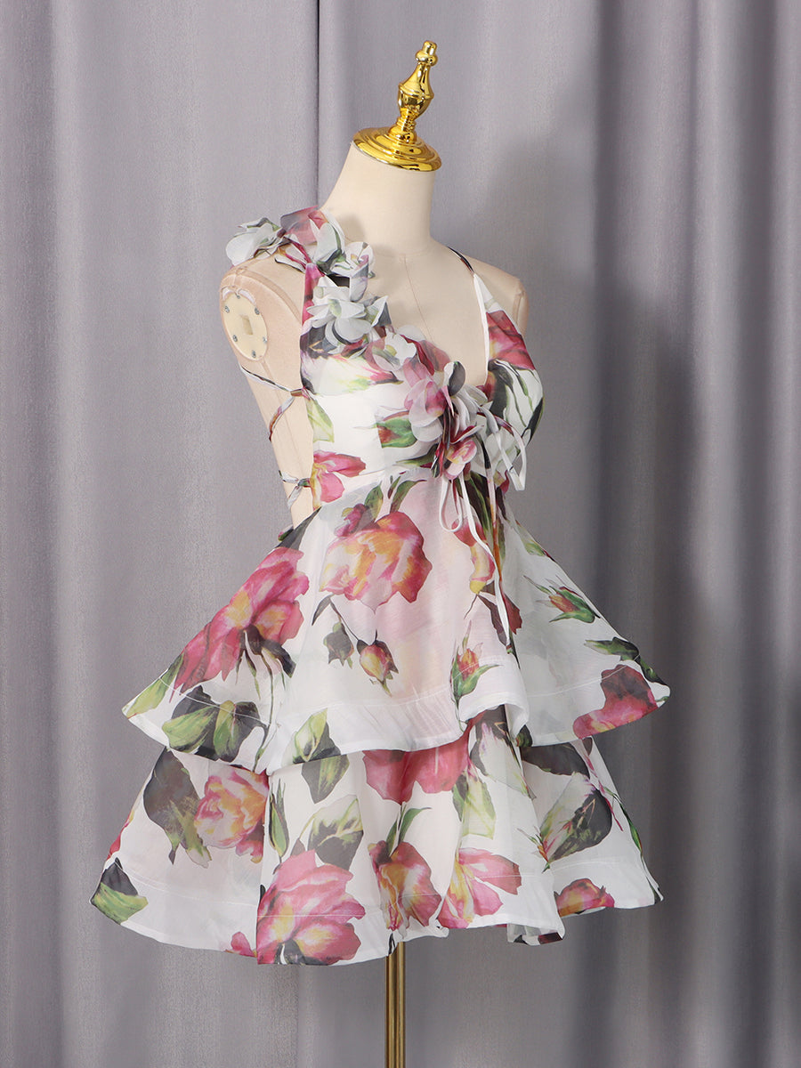 Floral Print 3D Flower Ruffle Mini Dress