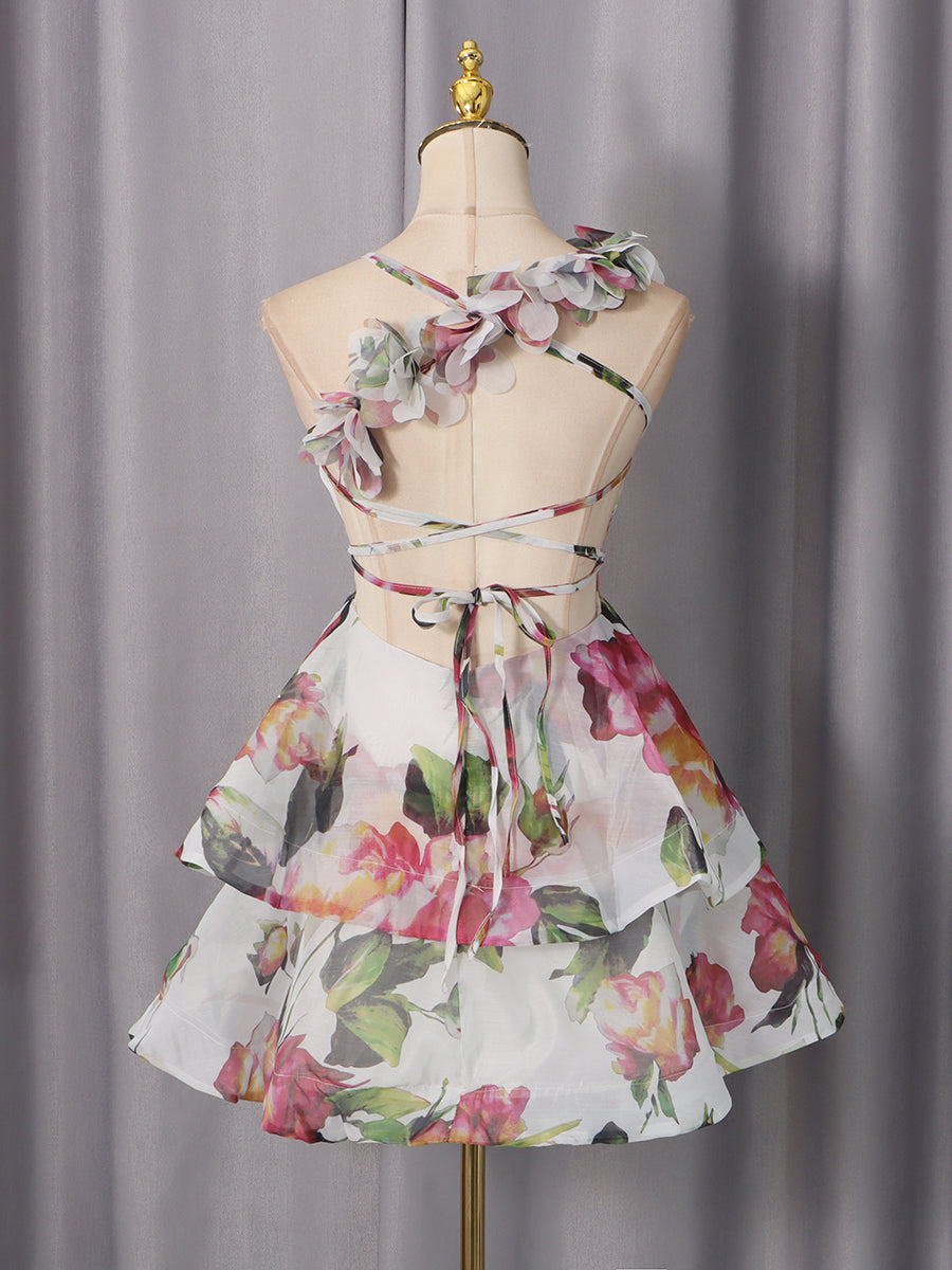 Floral Print 3D Flower Ruffle Mini Dress