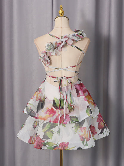 Floral Print 3D Flower Ruffle Mini Dress