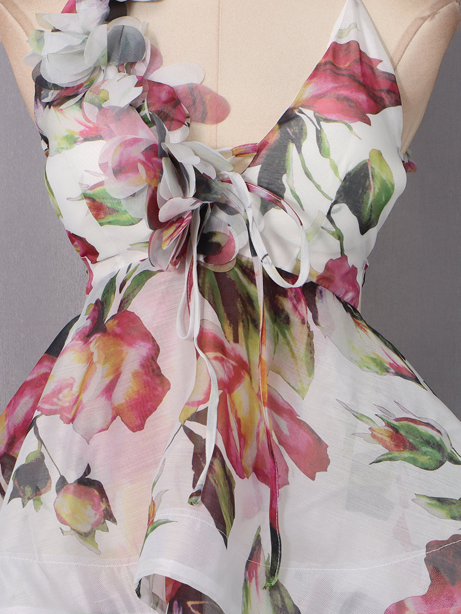 Floral Print 3D Flower Ruffle Mini Dress