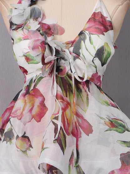 Floral Print 3D Flower Ruffle Mini Dress