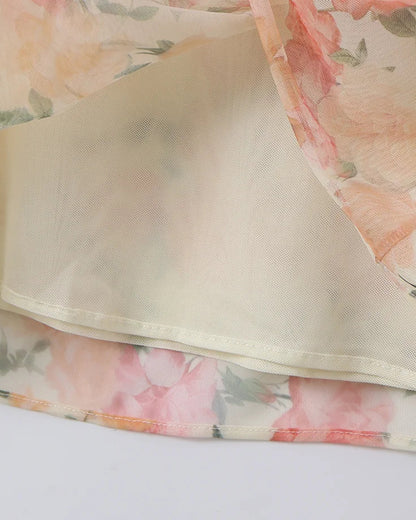 Floral Print Mesh Corset Spaghetti Strap Maxi Dress