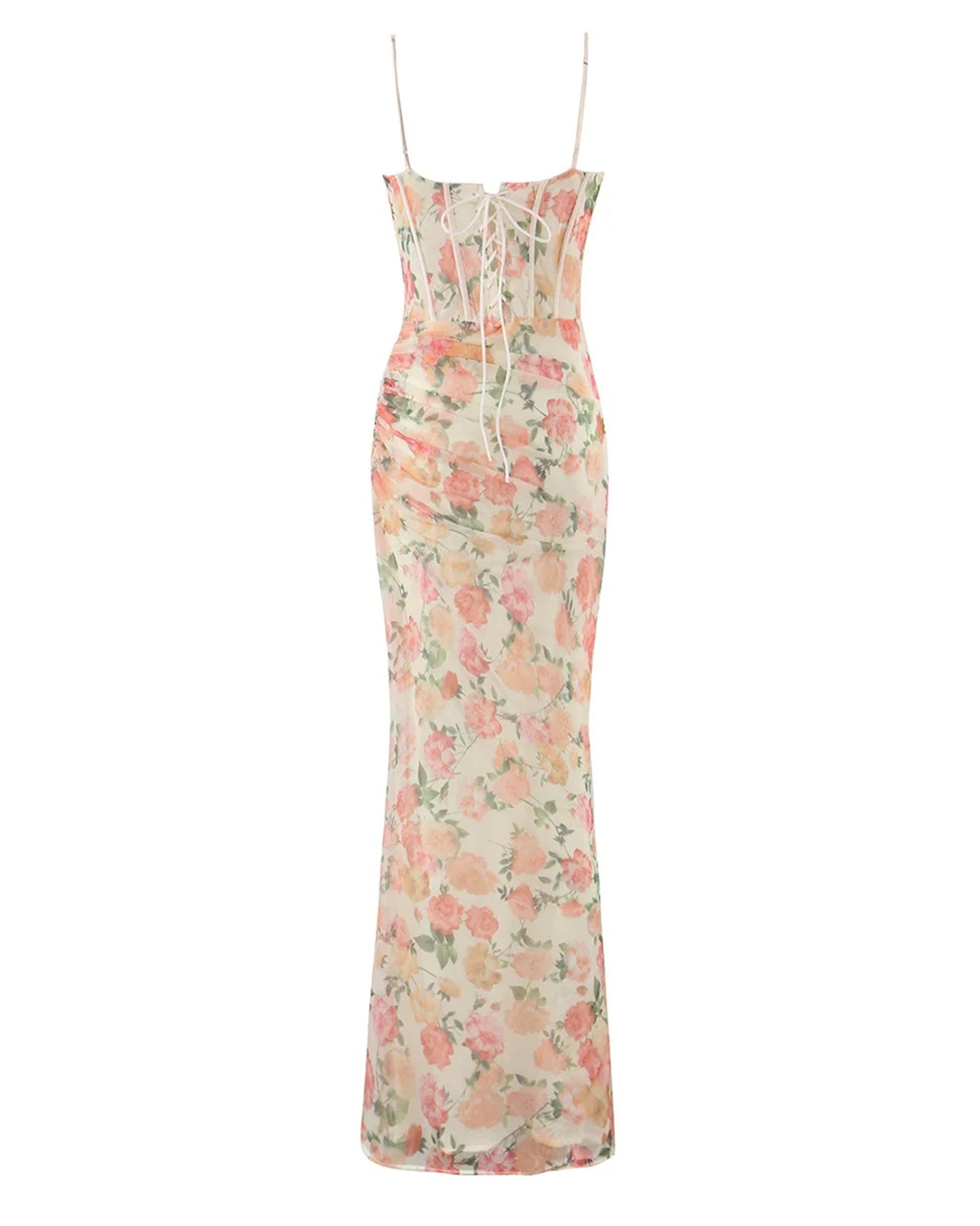 Floral Print Mesh Corset Spaghetti Strap Maxi Dress