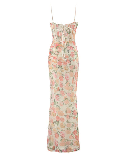 Floral Print Mesh Corset Spaghetti Strap Maxi Dress