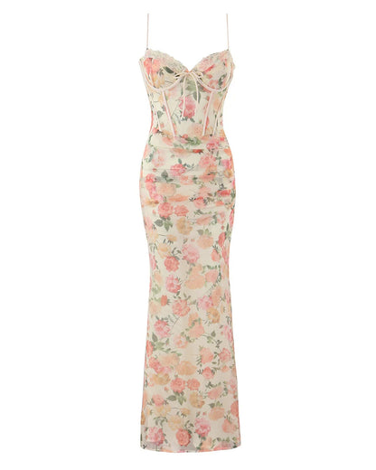 Floral Print Mesh Corset Spaghetti Strap Maxi Dress
