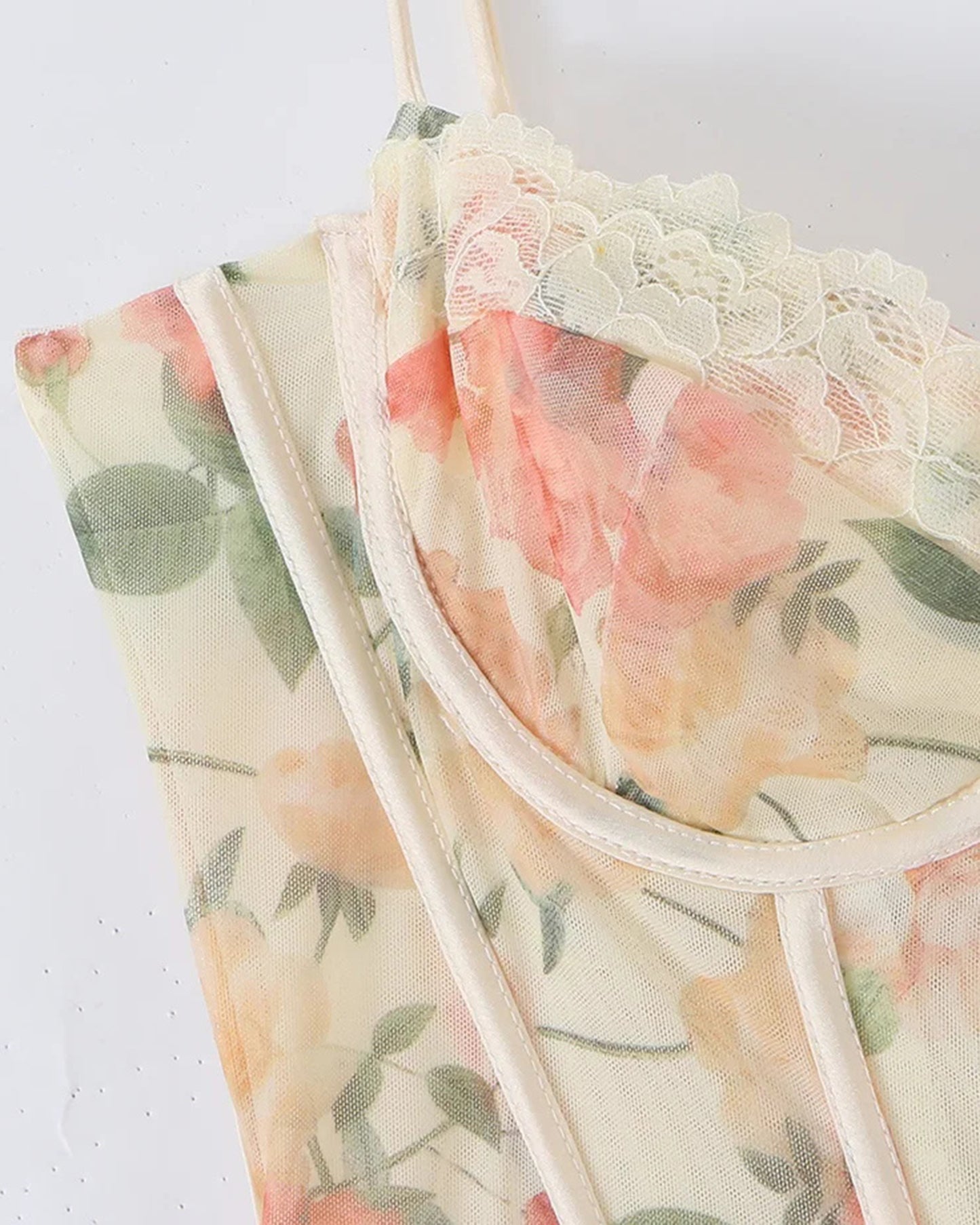 Floral Print Mesh Corset Spaghetti Strap Maxi Dress