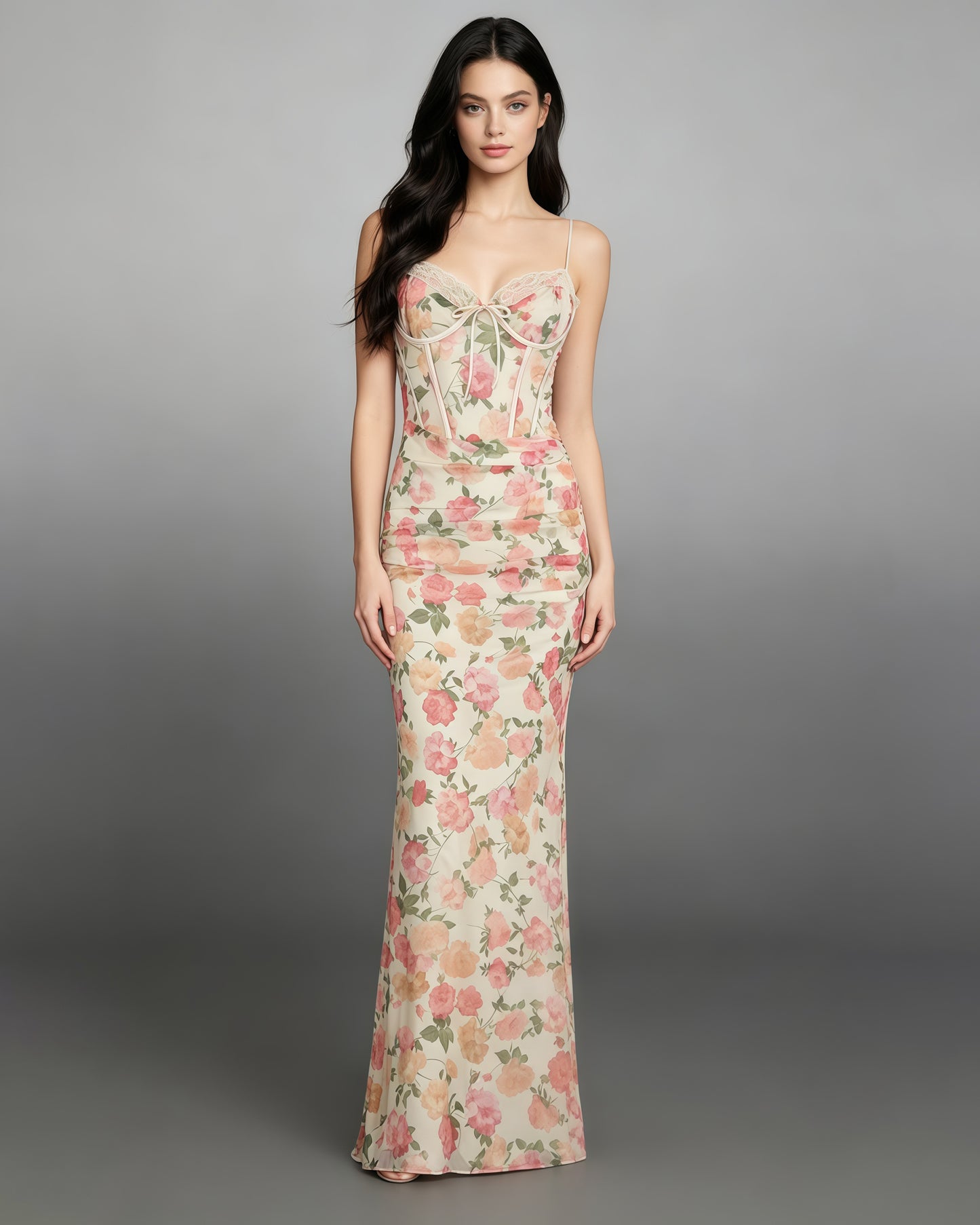 Floral Print Mesh Corset Spaghetti Strap Maxi Dress