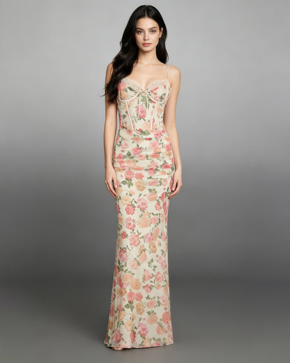 Floral Print Mesh Corset Spaghetti Strap Maxi Dress