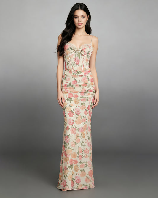 Floral Print Mesh Corset Spaghetti Strap Maxi Dress