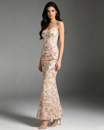 Floral Print Mesh Corset Spaghetti Strap Maxi Dress