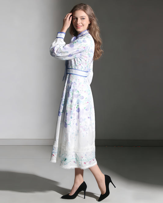 Floral Print Midi Dress with Bow Neck & Lace Trim